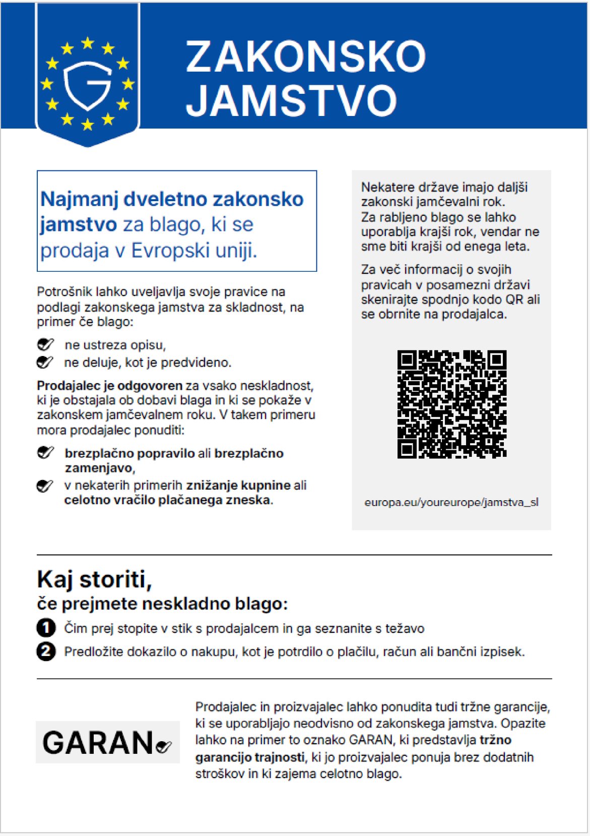 Usklajeno obvestilo EU o zakonskem jamstvu za skladnost